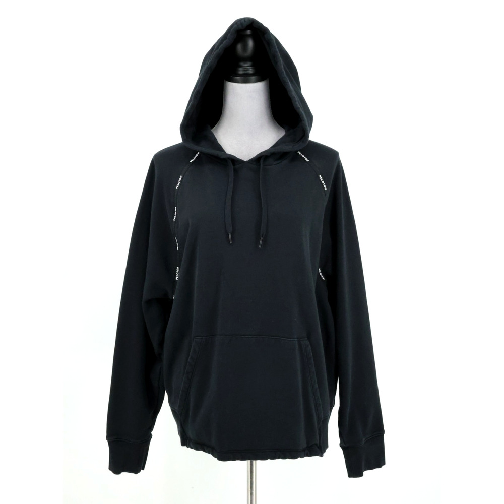 Peloton Sweatshirt Womens XL Black Hooded Cotton Knit Pockets Exercise Top